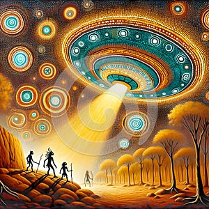 An Aboriginal painting of an alien flying saucer landing on a rock.