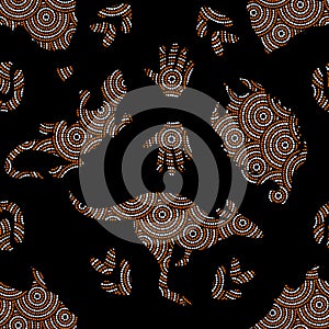 Aboriginal seamless vector pattern including ethnic Australian motive with Australia territory, kangaroo, lizard, turtle, palm,