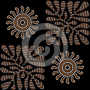 Aboriginal seamless vector pattern including ethnic Australian motive with dotted circles, leaf, sun and other typical elements