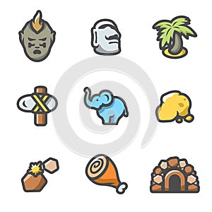 Vector Set of Papuan Icons. Savage, Tropical, Idolatry, Tool, Animal, Gold, Fire, Food, House. photo