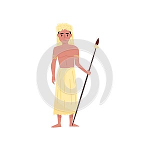 Aborigine warrior character with spear in traditional etnic clothes and headdress vector Illustration on a white