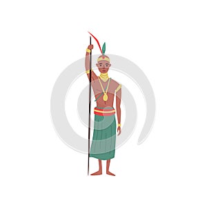 Aborigine warrior character with spear in traditional etnic clothes vector Illustration on a white background