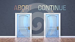 Abort and continue as a choice - pictured as words Abort, continue on doors to show that Abort and continue are opposite options photo