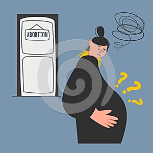 Abortion. The concept of unwanted pregnancy. A sad pregnant girl is thinking about having an abortion. Vector illustration