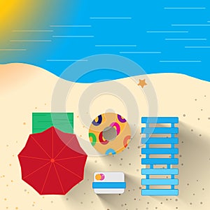 Above, abstract and beach with umbrella for summer on holiday to relax, chill and fun in hot weather. Illustration
