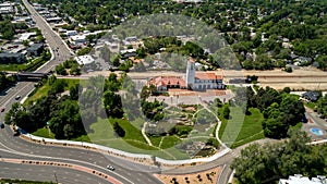 Above aerial view of the iconic depot in Boise Idaho with city p