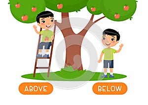 Above and below antonyms word card vector template. Flashcard fo