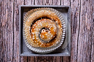 From above close up of a cinnamon bun