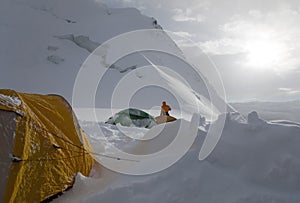 Above the clouds. Evening in the High mountaineering Camp