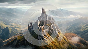Above the Clouds, Majestic Castle Perched on a Mountain Peak, Generative AI