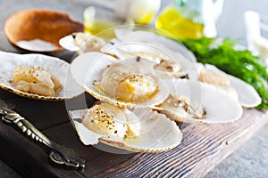 From above fresh appetizing scallop with shell served on wooden boars