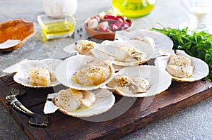 From above fresh appetizing scallop with shell served on wooden boars