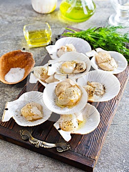 From above fresh appetizing scallop with shell served on wooden boars