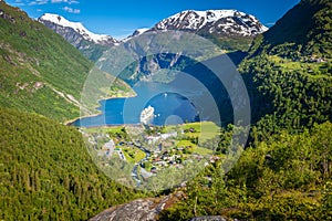 Above Geiranger fjord, ship and village, Norway, Northern Europe