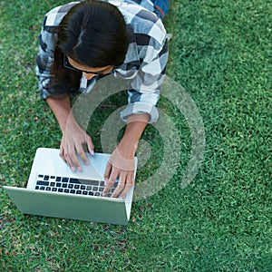 Above, grass and person typing on laptop in park with college research, project or learning on campus. University
