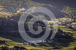 Above idyllic Scuol Tarasp village, Engadine, Swiss Alps, Switzerland