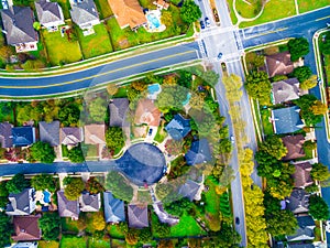 Above Intersection and Cul De Sac in Suburban Neighborhood outside Austin Texas Aerial View