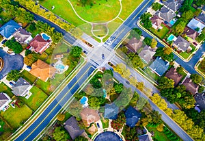 Above Intersection in Suburban Neighborhood outside Austin Texas Aerial View