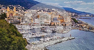 Above looking down on Bastia marina and the Old Town, Corsica, France