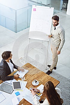 Above, man and presentation for business people on whiteboard for training, blueprint or ideas in office. Architecture