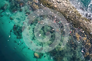 From above, ocean choked with plastic waste, devastating water ecosystems and plastic pollution.
