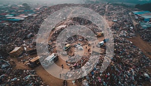 Above polluted cityscape, trucks unload garbage at unhygienic dump generated by AI