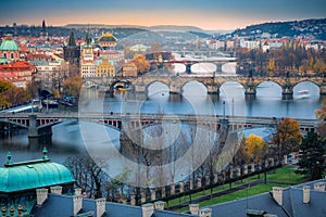 Above Prague old town bridges and river Vltava at dawn, Czech Republic