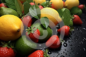 From above, rain enhanced street view of fresh, shiny fruits