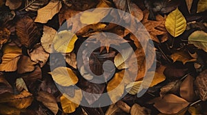 From above shot of dry autumn leaves. Generative AI