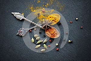 Above, spices and spoon for flavor and dry ingredient for cooking, cuisine and food on table top for traditional Indian