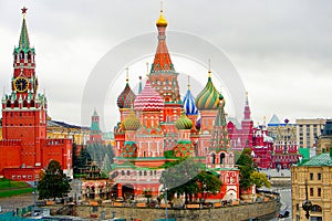 Above St Basil Cathedral, Red Square and Kremlin panorama, Moscow, Russia