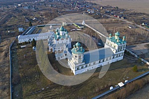 Above the temples of the Nikolo-Vyazhishchi Monastery (aerial photography). Vyazhishchi. Novgorod region