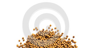 Above or Top view of animal food. Brown Dried dog food on white background. Grain pet food banner background with copy space for