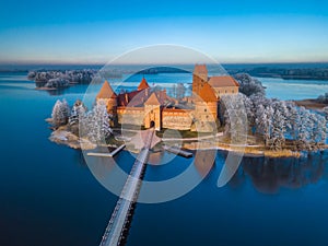 Above Trakai castle at winter, aerial