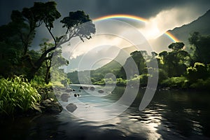 Above a tranquil river, a vivid rainbow gracefully stretches across the sky