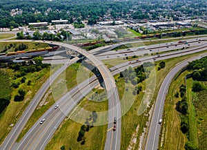 Above transport junction road aerial view with car movement transport industry Cleveland Ohio