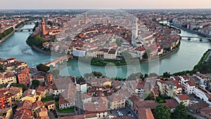 Above Verona skyline, Cathedral, historical city centre, red tiled roofs, Italy