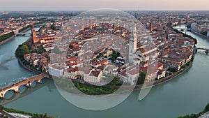 Above Verona skyline, Cathedral, historical city centre, red tiled roofs, Italy