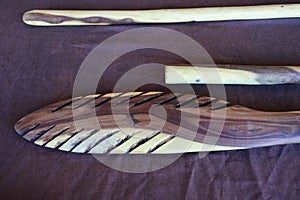 Aboriginal Australians people ancient craft tools and wooden weapons photo