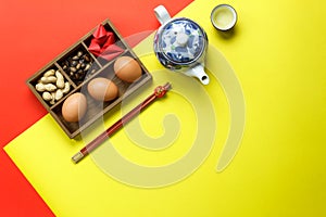 Above view of accessories Lunar & Chinese New Year holiday background concept