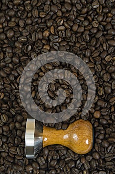 Above view on barista tool and coffee beans