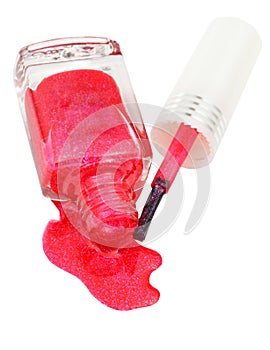 Above view of bottle with spilled pink nail polish