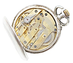 Above view of brass movement vintage pocket watch