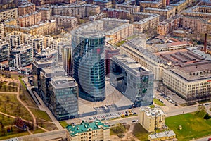 Above view of buildings close to blakck buildings located in Saint Petersburg during a summer day, buildings and