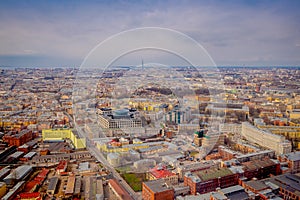 Above view of buildings at historical center of Saint Petersburg in summer day, buildings and industrial zone at the