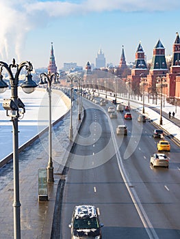 Above view of cars on Kremlin Embankment in Moscow