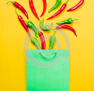 Above view at Chili pepper and shopping bag