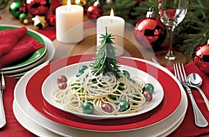 Above View Of A Christmas Dinner With Spagetti At 28-11-2024