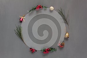 Above view of circle decorations & ornaments Merry Christmas & Happy New Year concept.