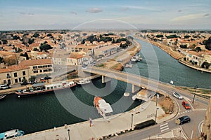 Above view of the city of Aigues mortes, occitanie , France photo
